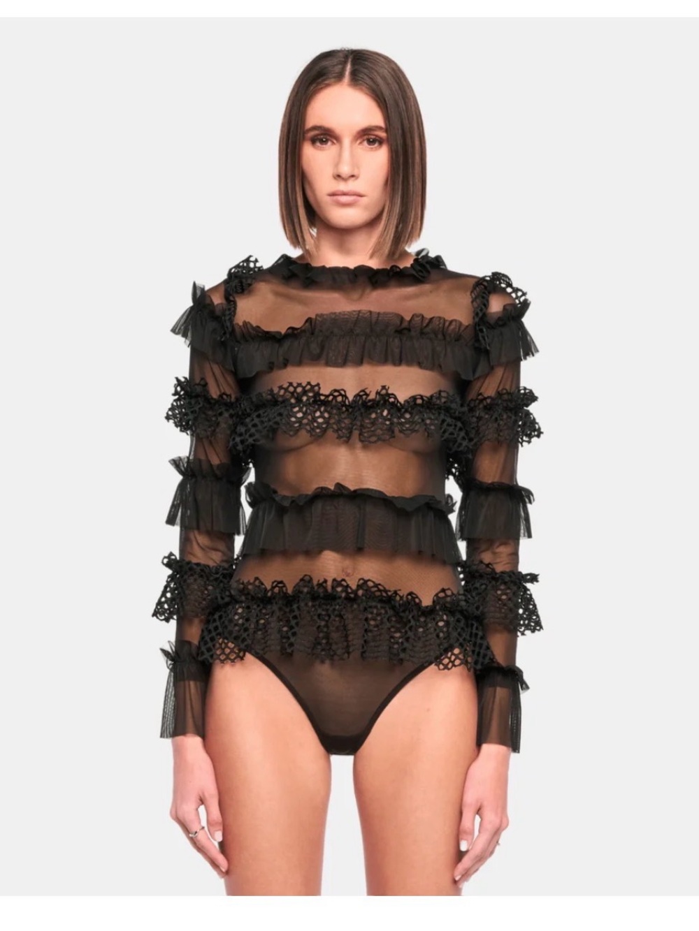 Sheer Black Ruffle Long-Sleeve Bodysuit